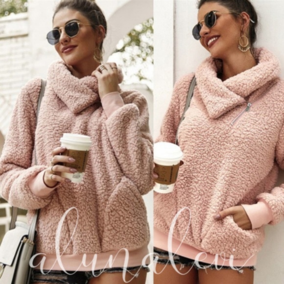 Bellanblue Sweaters - HEATHER teddy furry Zipper Detail Sweater - BLUSH